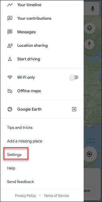 Google Maps submenu with Settings callout