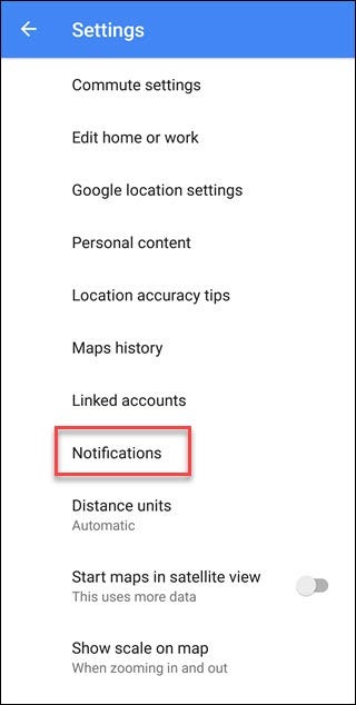 Google maps settings menu with Notifications callout