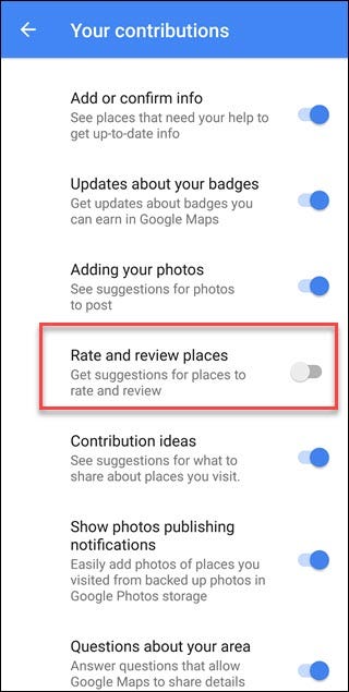 Google Maps Your Contributions menu with Rate and Review places callout.