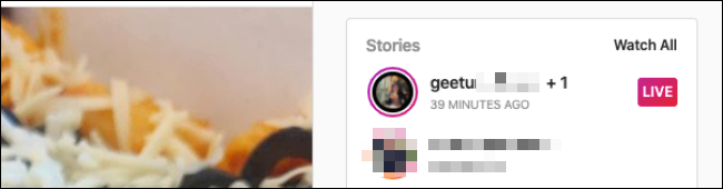 The Stories section on Instagram in a desktop browser.