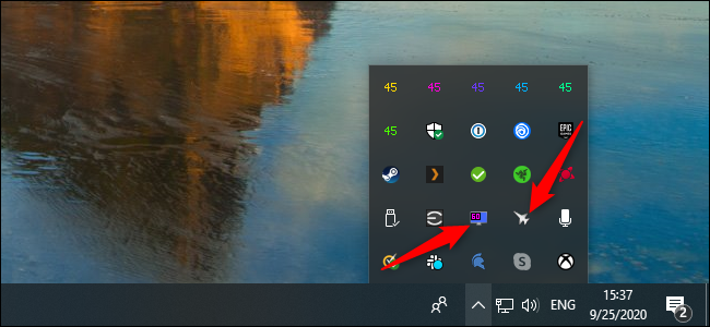 The Afterburner and RivaTuner Statistics Server icons in the system tray on Windows 10.