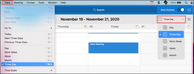 Click View or the drop-down and pick Three Day