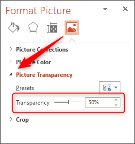 Click the arrow next to Picture Transparency, and then click and drag the Transparency slider.