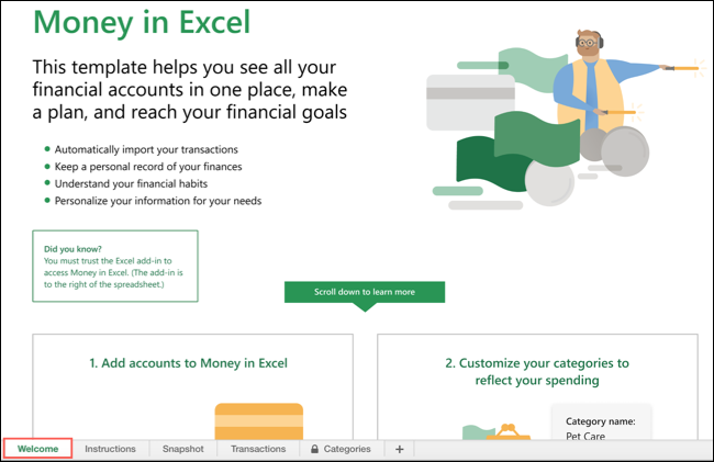 Welcome Tab in Money In Excel