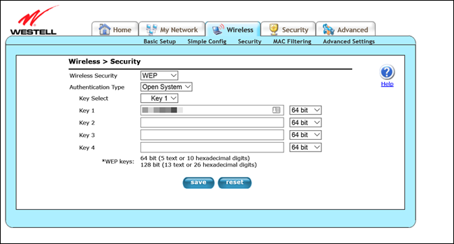 Westell router admin page, showing WEP encryption settings.