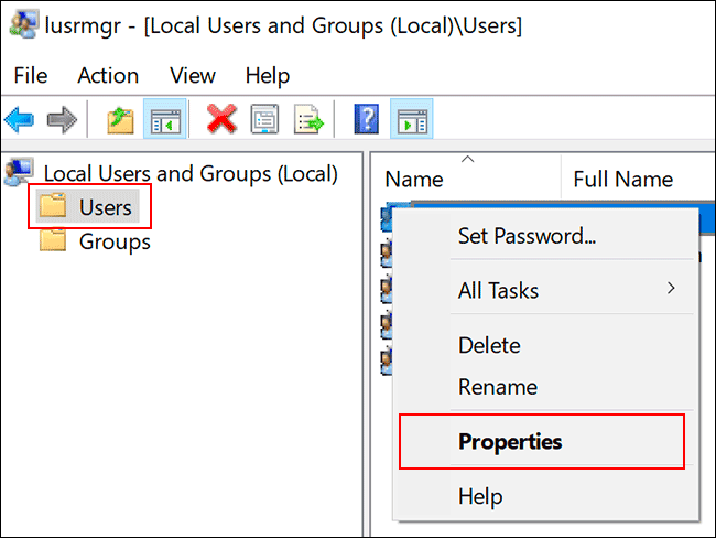 Click Users, and then click Properties.