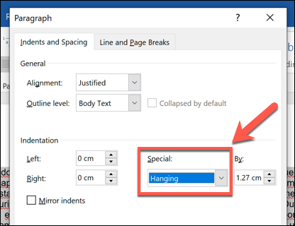 Select Hanging from the Special drop-down menu in the Paragraph options window.