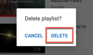 Tap Delete to confirm the deletion of a YouTube playlist