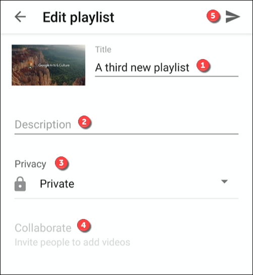 The options for editing a playlist in the YouTube app