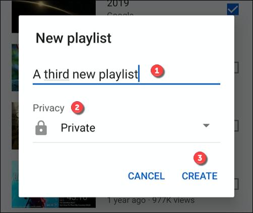 Provide a name and privacy level for a playlist, then click Create to create it