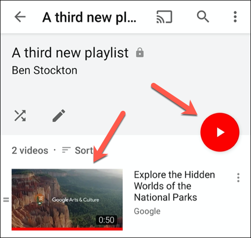 Tap the play button or a video thumbnail to begin playing that video in the YouTube app