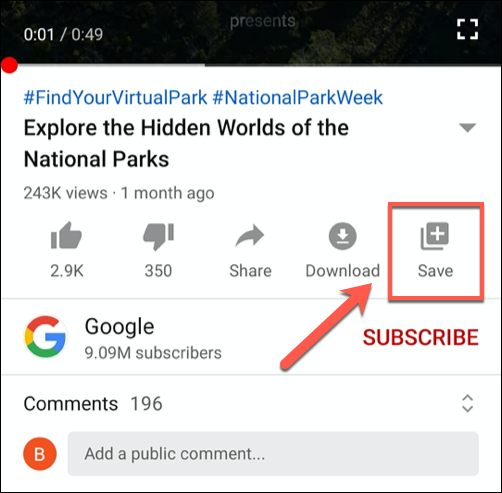 Click the Save button in the YouTube mobile app