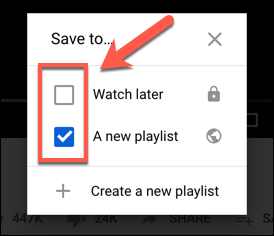 Tap the checkbox next to a playlist in the Save To options box on YouTube to add or remove it from a playlist