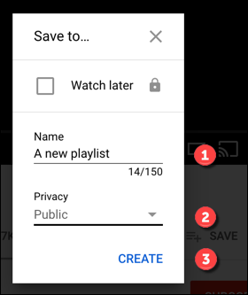 Options for creating a YouTube playlist. Click Create to create it.