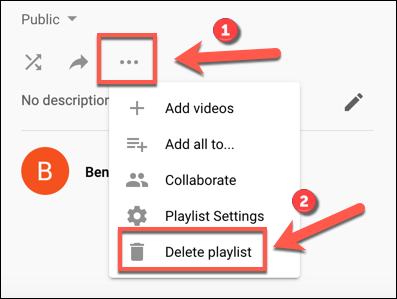 Tap the three-dots menu icon, then click Delete Playlist to begin deleting a YouTube playlist