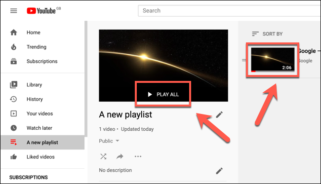 Click Play All or click a video thumbnail to begin playing a YouTube playlist