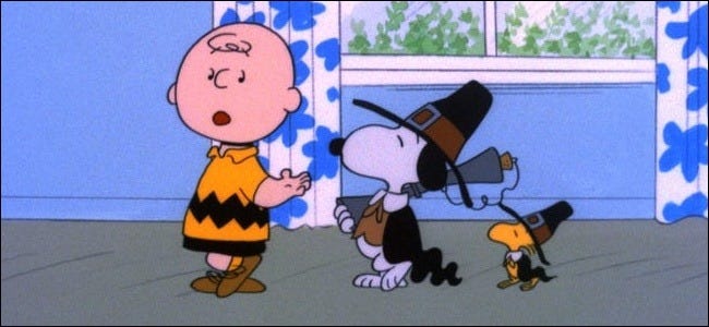 Charlie Brown, Snoopy, and Woodstock in A Charlie Brown Thanksgiving.