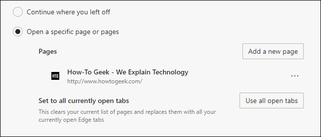 A custom startup page added to Microsoft Edge.