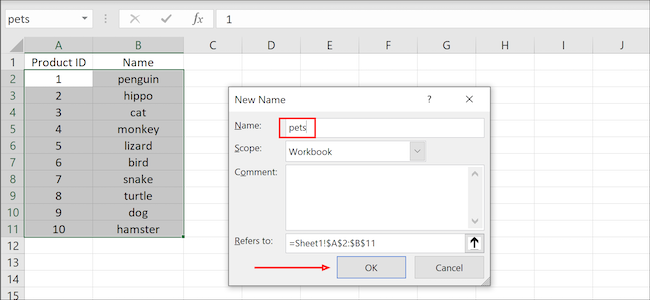 Excel define name