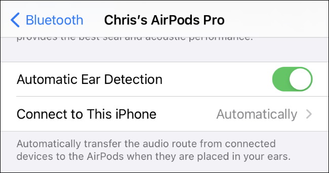 The Connect to This iPhone settings for AirPods.