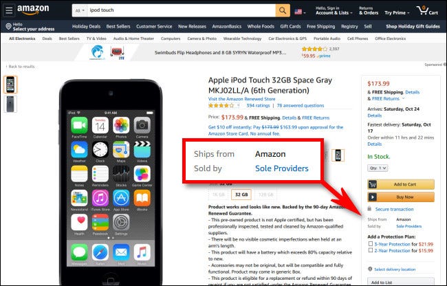 A listing on Amazon for an iPod that Ships From Amazon, but is Sold By Sole Providers.