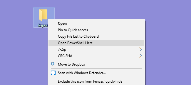 The Open PowerShell Here option in the context menu.