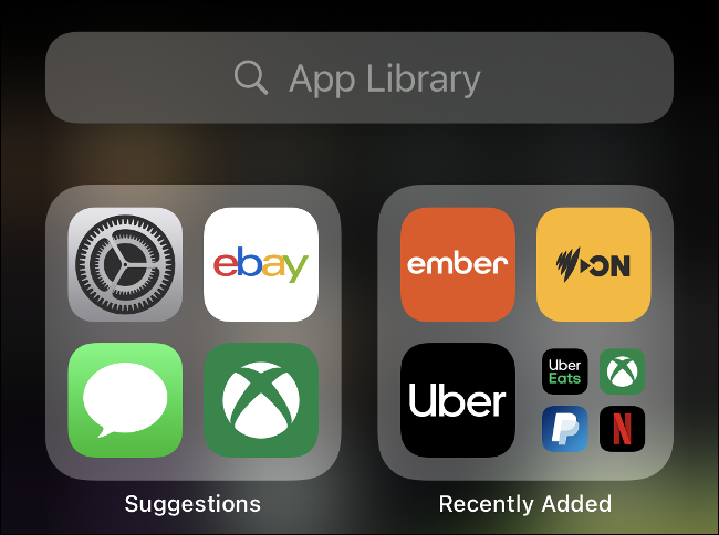 An iOS 14 App Library and the Search bar.