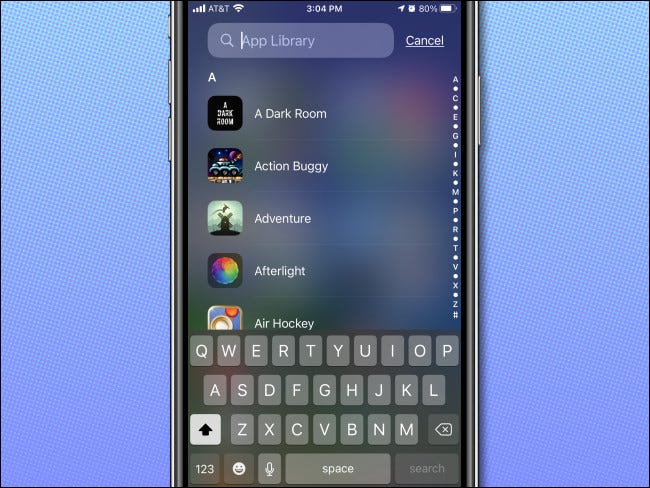The alphabetical app list in App Library on iPhone.