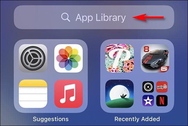 In the iPhone App Library, tap the search bar at the top of the screen.