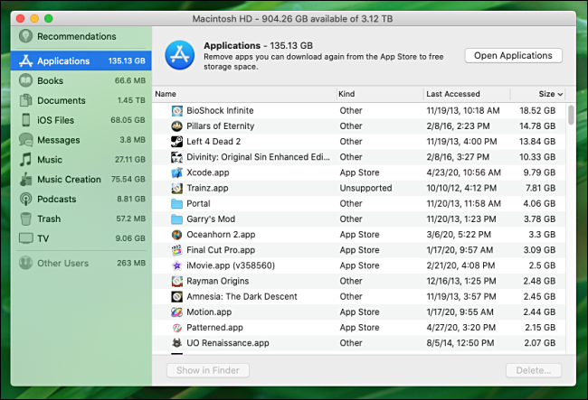 Application disk usage on macOS Catalina