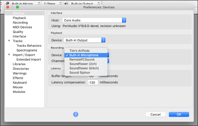 Audacity's Separate Recording Device Preferences