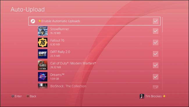 The Auto-Upload menu on PS4.