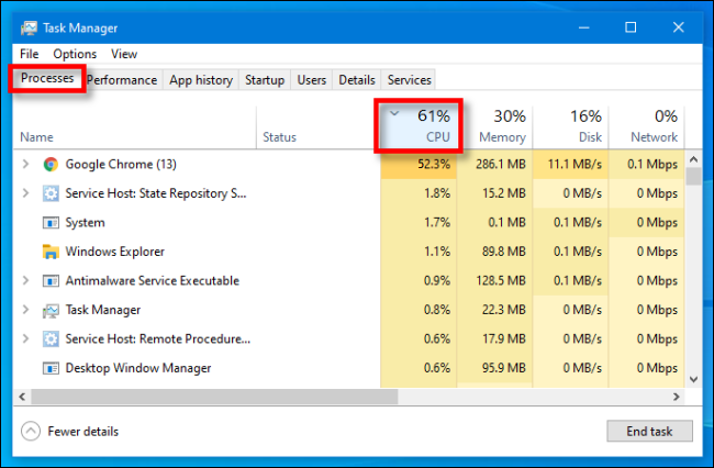 In Task Manager on Windows 10, select the Processes tab, then click the CPU header.