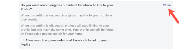 Click the Close button to save search engine setting on Facebook