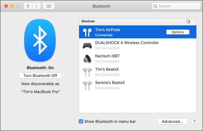 The Devices list in the Bluetooth menu.