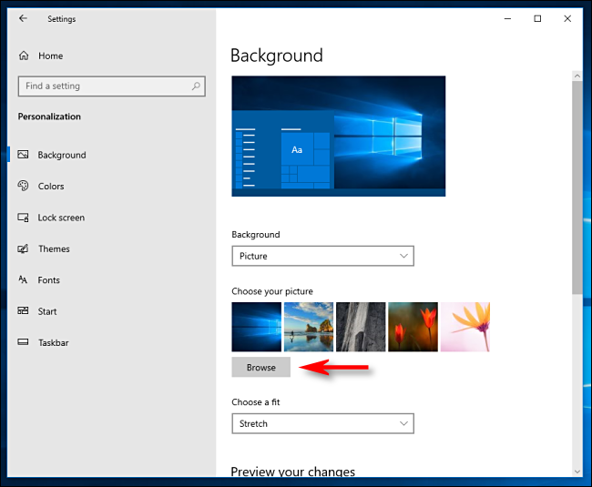 Click Browse to choose a desktop wallpaper in Windows 10