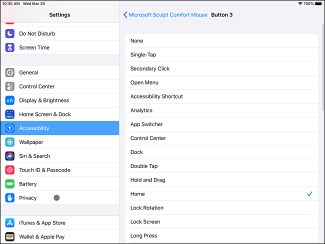 Mouse button customization options under Accessibility.