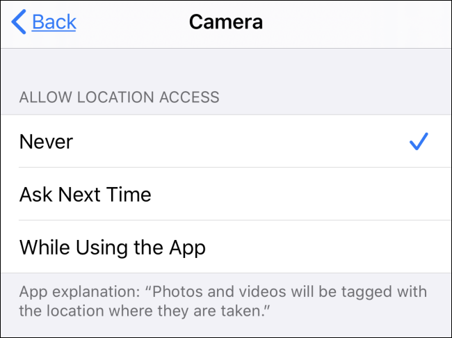 The Allow Location Access section in the Camera app.