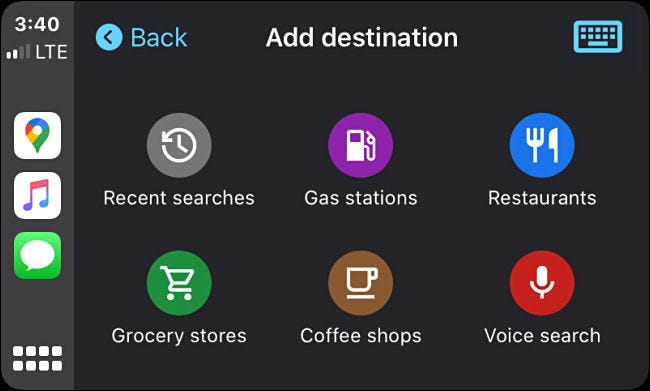 The Add destination menu in Google Maps for CarPlay on iPhone.