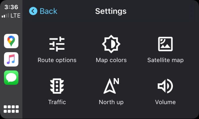 The Settings screen in Google Maps on CarPlay through iPhone.