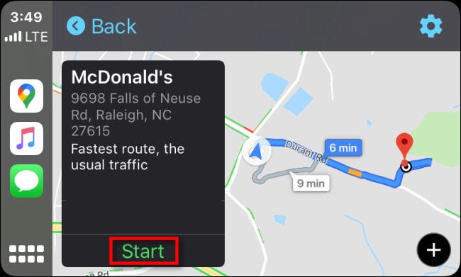 Tap Start to start the route in Google Maps for CarPlay on iPhone.