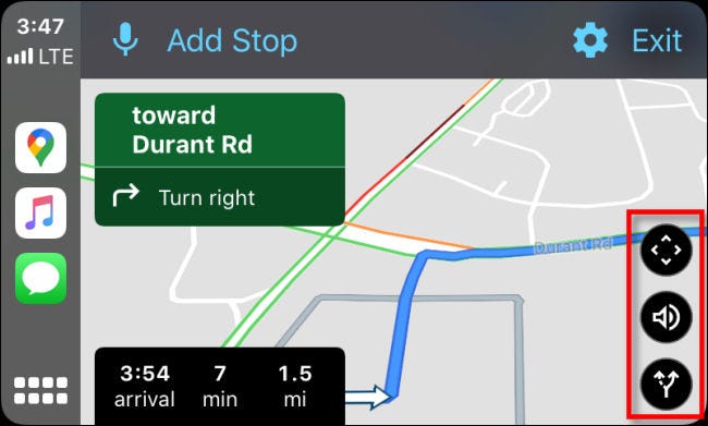 Examining the three black option buttons in Google Maps on CarPlay through iPhone.