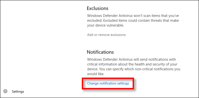 Click Change notification settings in Windows Security on Windows 10
