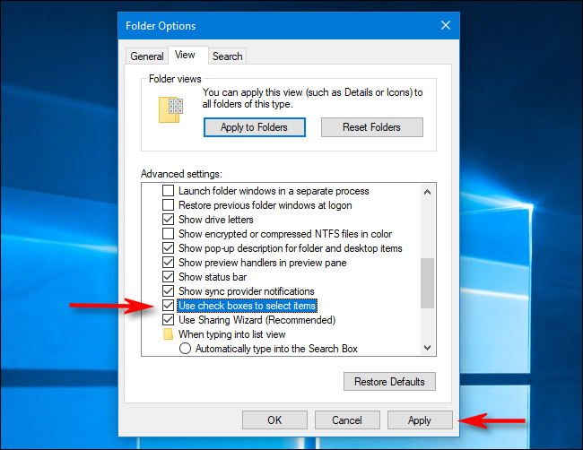 Turn off file checkboxes in Folder Options on Windows 10