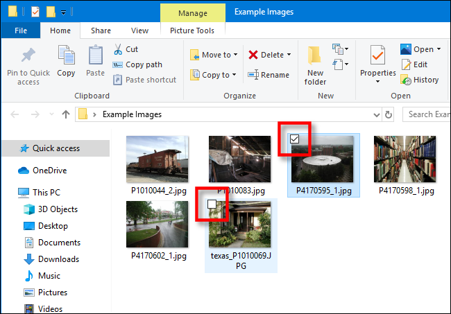 Example of checkboxes in Windows 10 File Explorer
