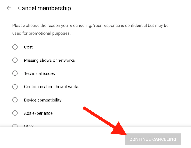 Choose an option for canceling and then click the Continue Canceling button