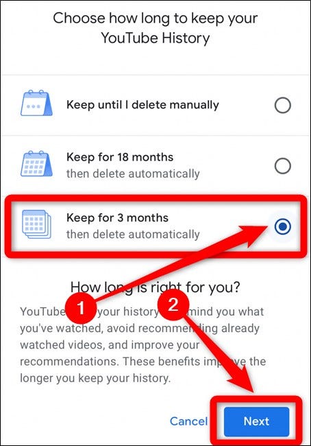 Choose How Long to Keep YouTube History in Mobile App and then Select Next