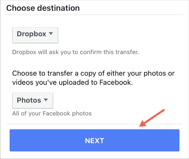 Choose photos and videos transfer's destination on Facebook app