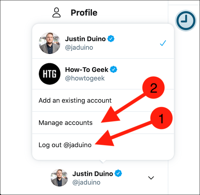 Choose to log out of the current account or select the Manage Accounts button