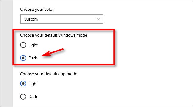 Under Choose your default Winodws mode, select Dark.
